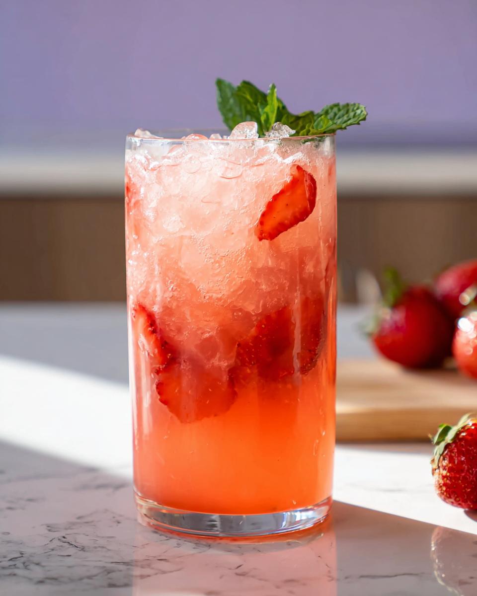 A tall glass filled with ice, pink liquid, and strawberry slices, garnished with mint, resembling a Strawberry Açaí Refresher Copycat.