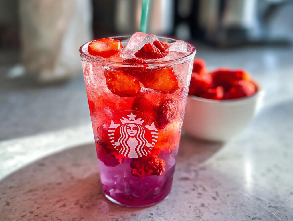 A vibrant Strawberry Açaí Refresher in a Starbucks cup, filled with ice, fresh strawberries, and açaí pieces.