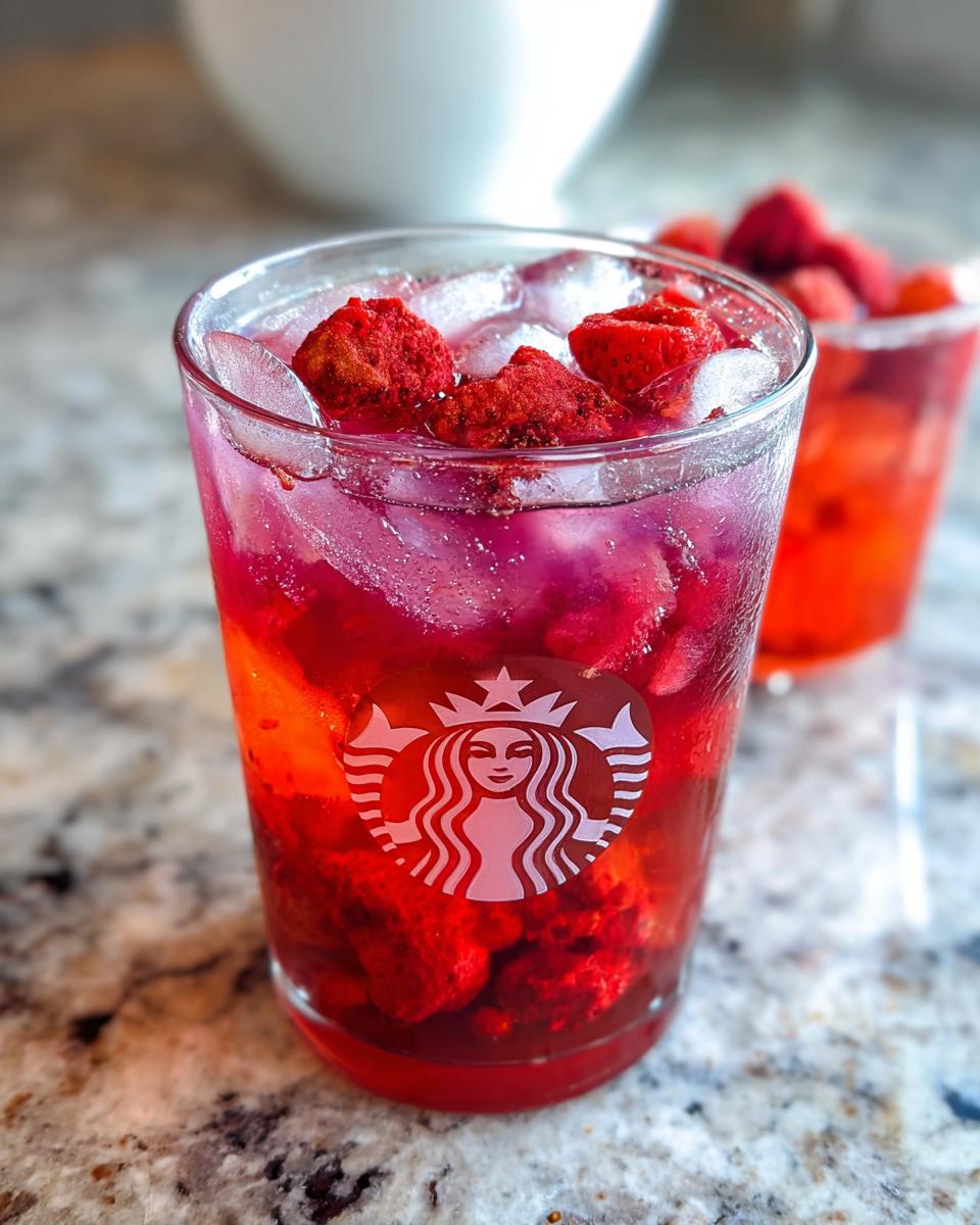 A refreshing Strawberry Açaí Refresher in a Starbucks glass, filled with ice and fresh strawberries.