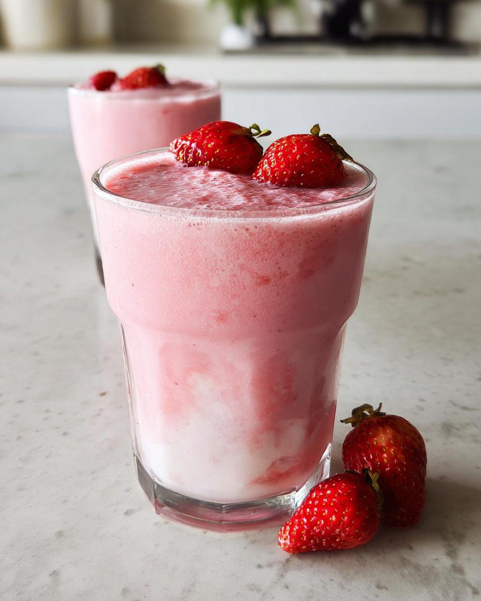 Close-up of a pink Strawberry Banana Smoothie (Classic) topped with fresh strawberries in a glass.
