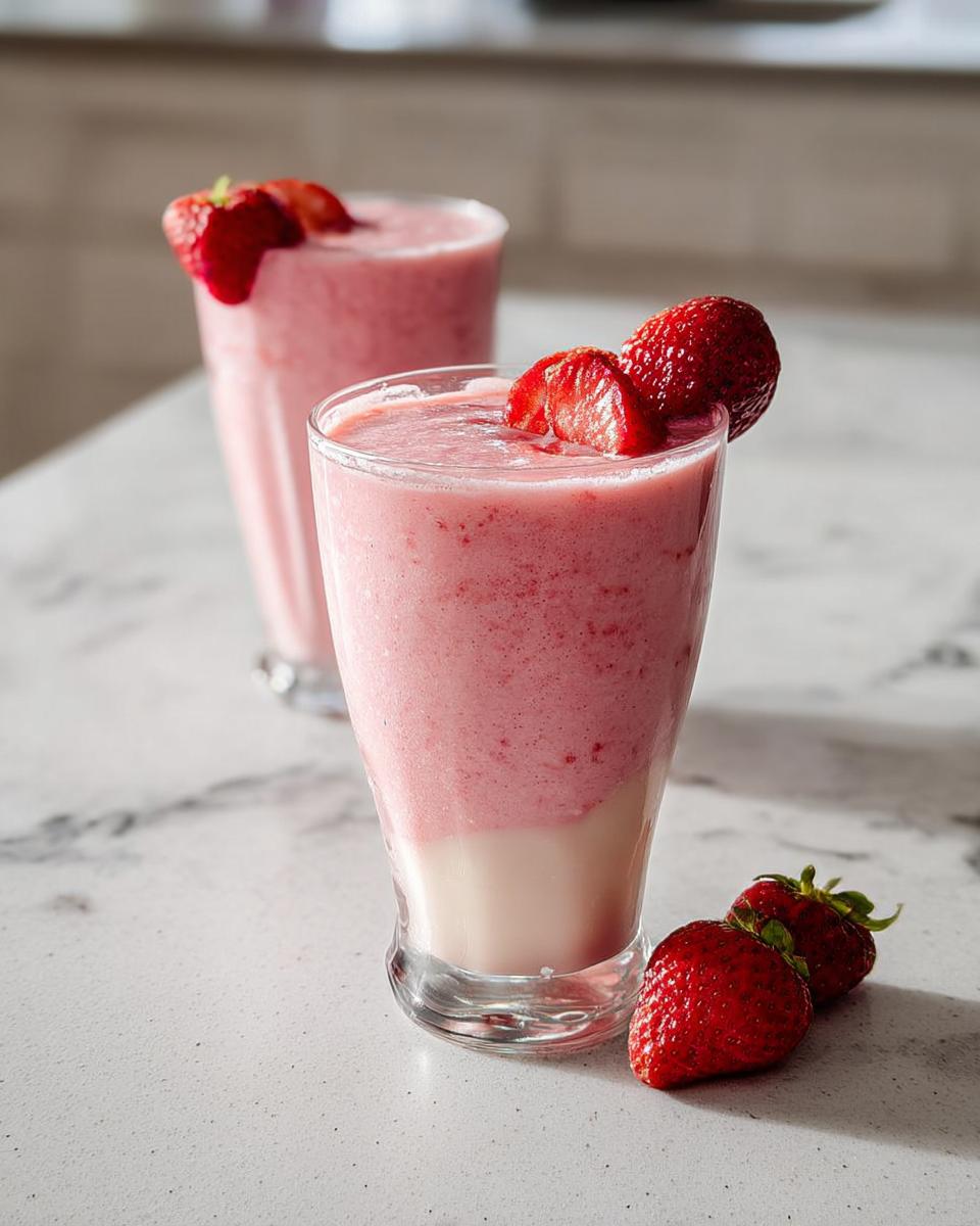 Two glasses of thick, pink Strawberry Banana Smoothie (Classic) garnished with fresh strawberries on a light countertop.