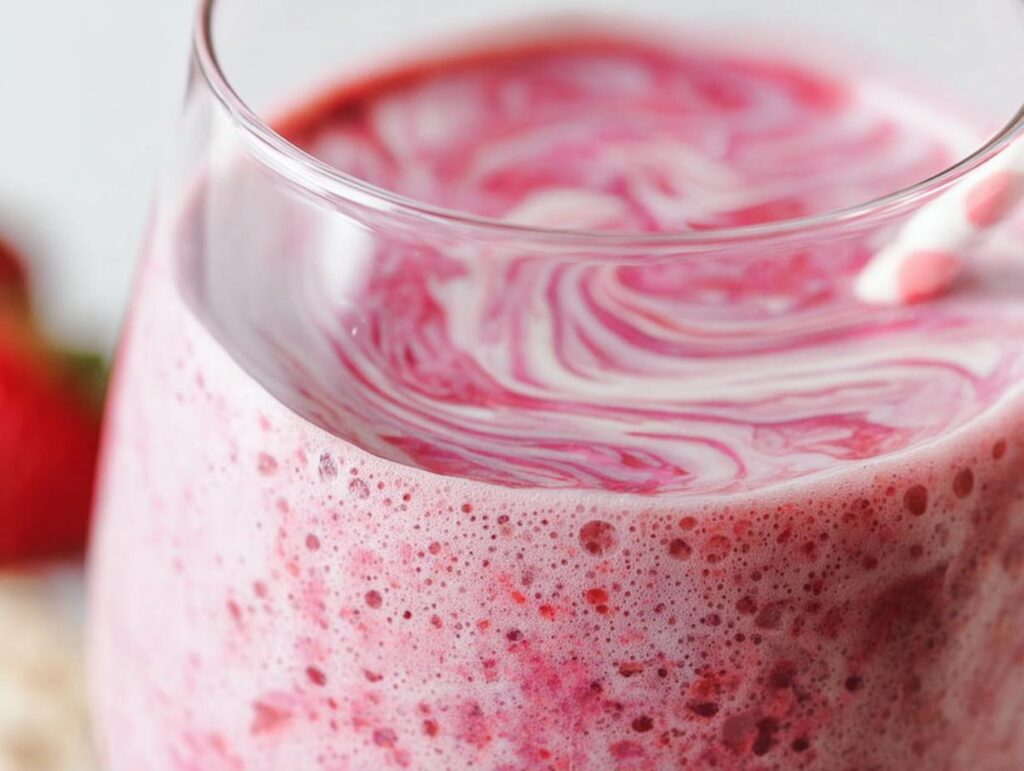 Close-up of a frothy pink Strawberry Oatmeal Smoothie with white swirls on top in a clear glass.
