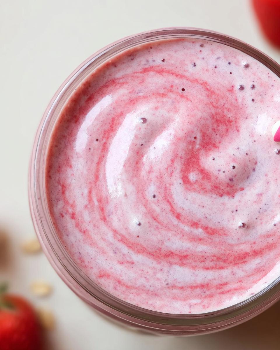 Overhead close-up of a creamy Strawberry Oatmeal Smoothie with pink and white swirls in a glass.