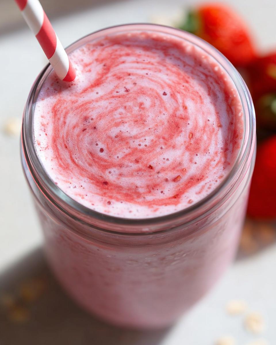 Close-up top view of a pink Strawberry Oatmeal Smoothie with a red and white striped straw.