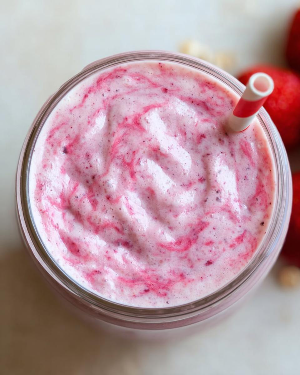 Overhead view of a thick, pink Strawberry Oatmeal Smoothie with swirled berry puree and a striped straw.