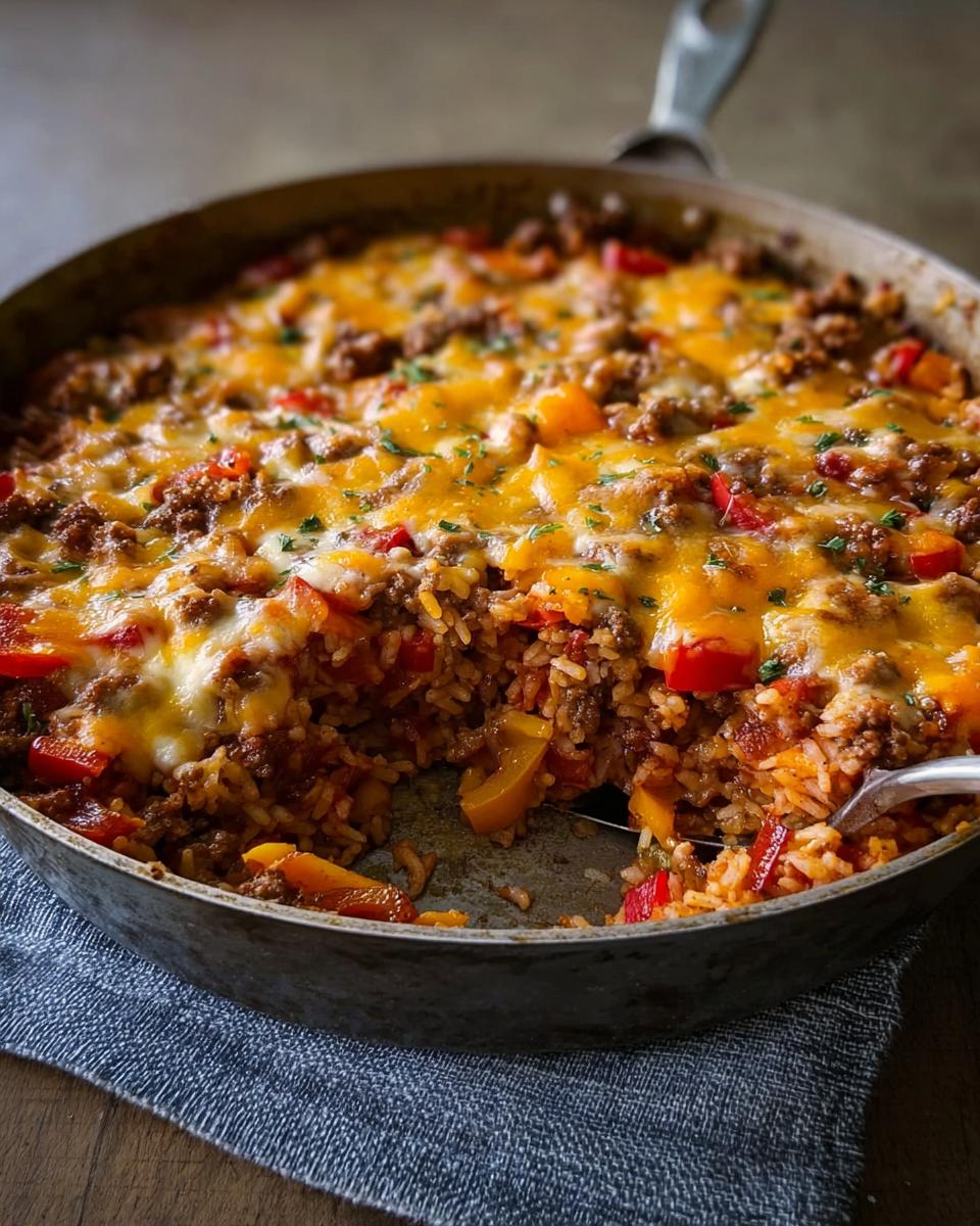 A close-up of a Stuffed Pepper Casserole in a skillet, topped with melted cheddar cheese and ground meat.