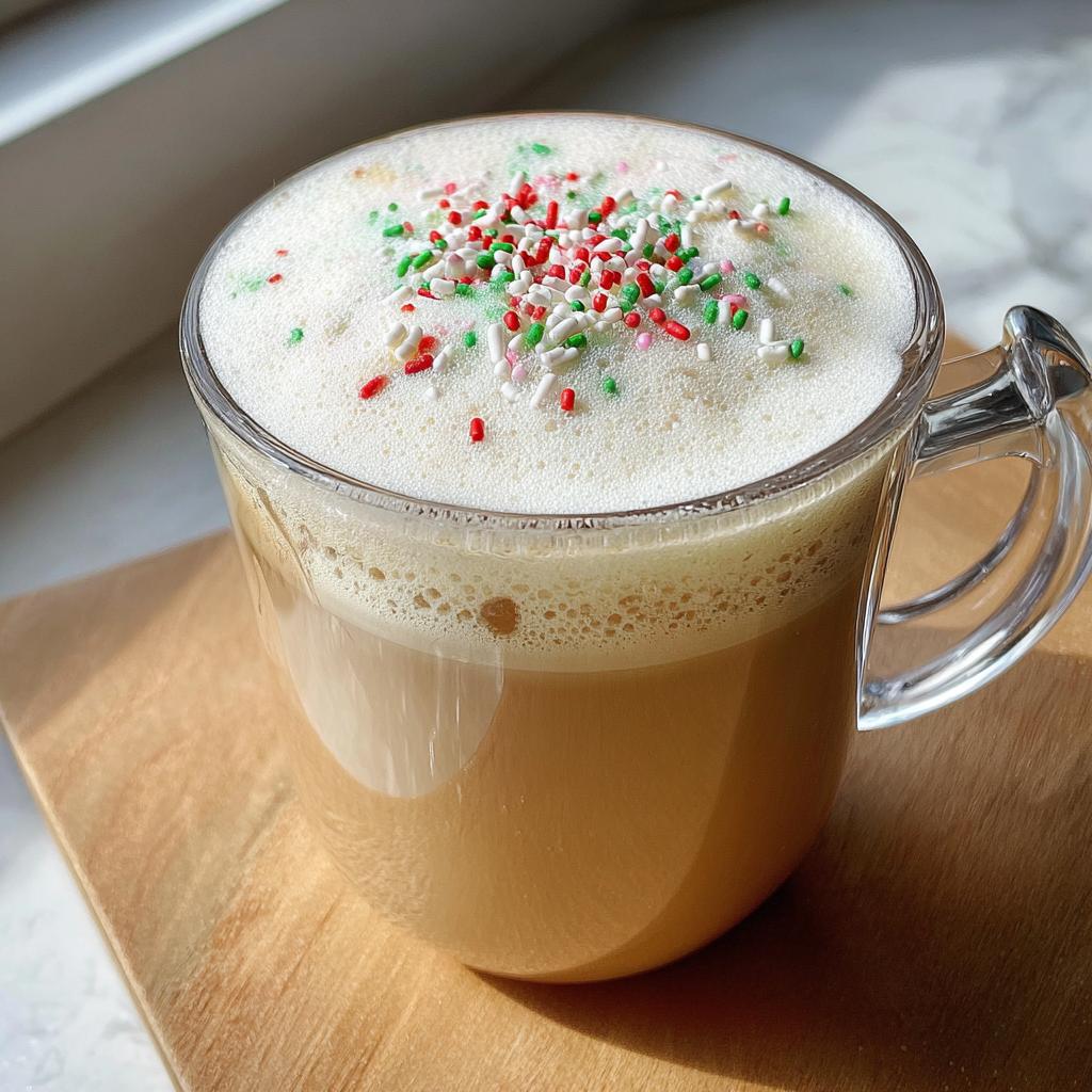 Close-up of a homemade Sugar Cookie Latte at Home in a clear mug, topped with thick foam and festive red, green, and white sprinkles.
