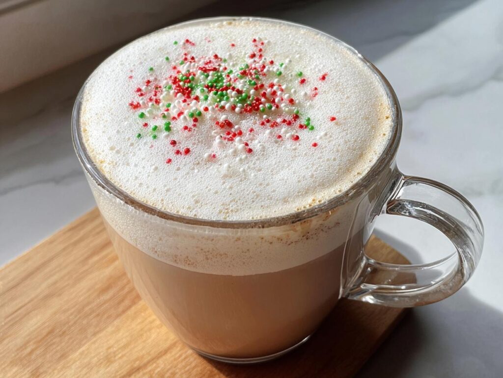 Close-up of a Sugar Cookie Latte at Home topped with thick foam and red, green, and white holiday sprinkles.