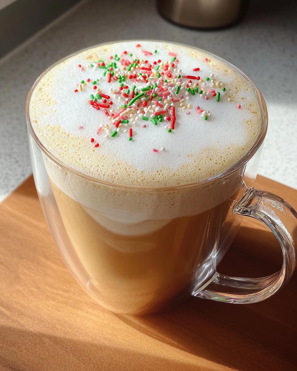 A clear glass mug filled with a Sugar Cookie Latte at Home, topped with thick foam and festive red, green, and white sprinkles.