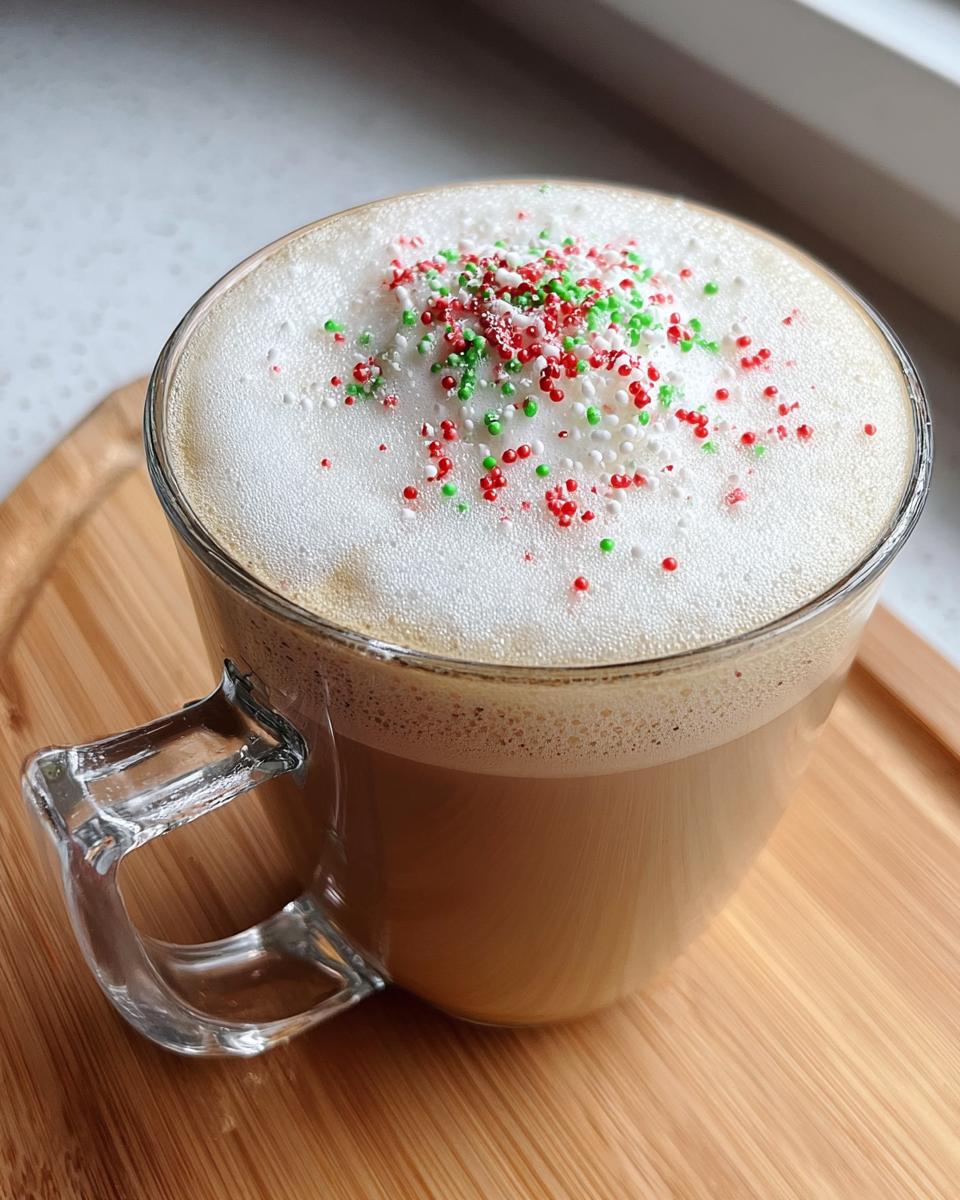 Close-up of a Sugar Cookie Latte at Home topped with thick foam and red, green, and white holiday sprinkles.