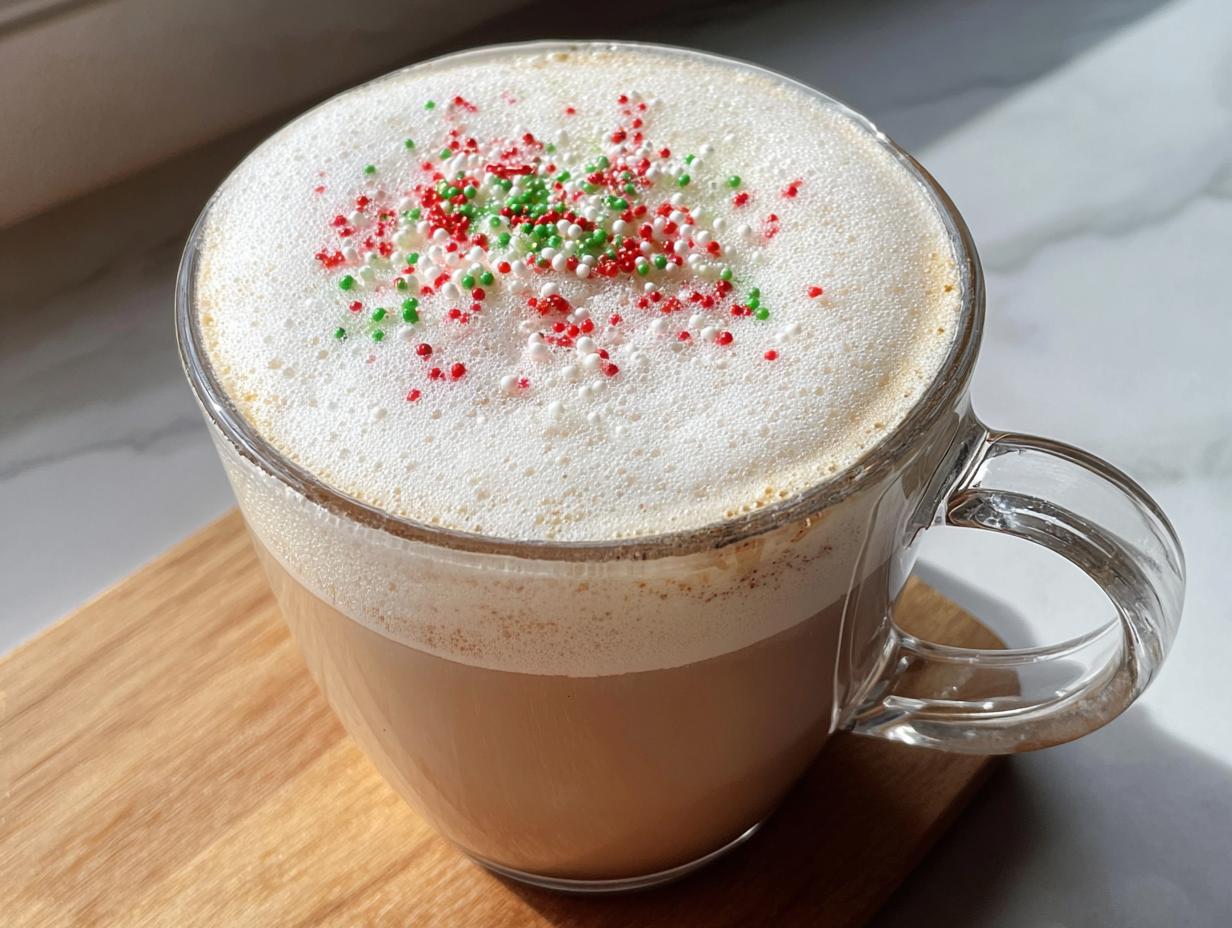 Close-up of a Sugar Cookie Latte at Home topped with thick foam and red, green, and white holiday sprinkles.