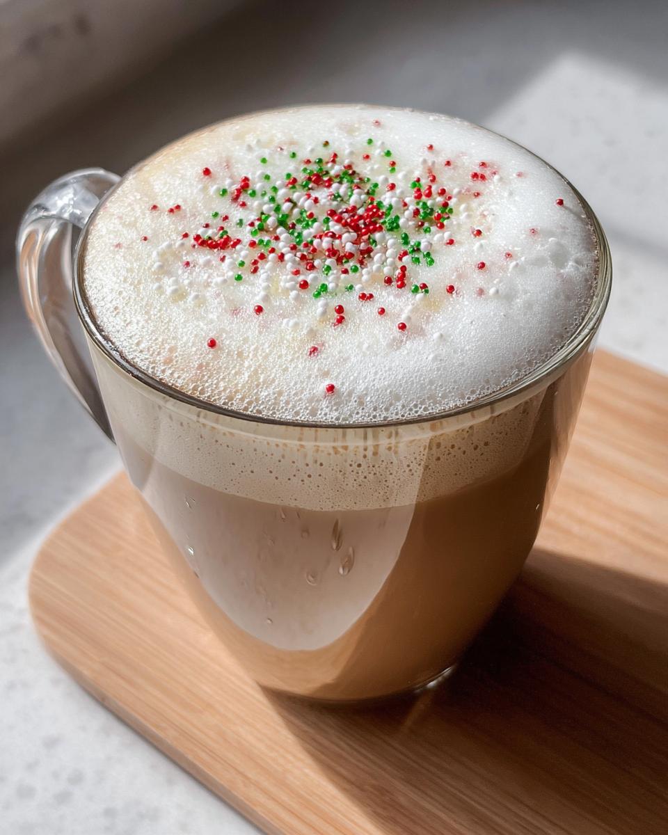 Close-up of a Sugar Cookie Latte at Home topped with thick foam and red, green, and white holiday sprinkles.