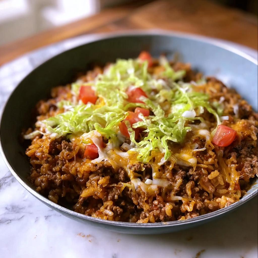 Close-up of a serving of Taco Skillet with ground beef, rice, melted cheese, lettuce, and diced tomatoes.