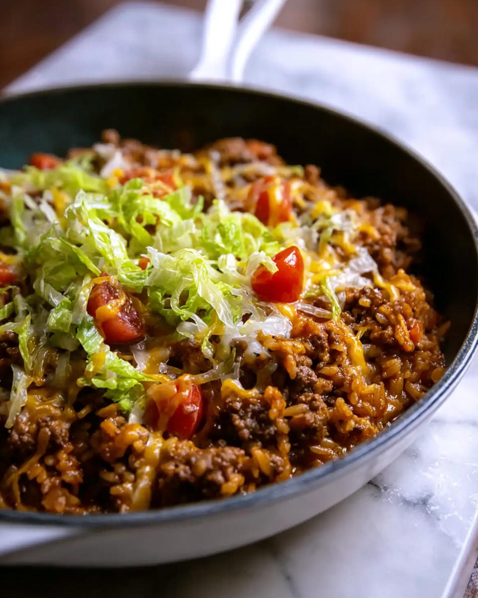 Close-up of a finished Taco Skillet in a pan, topped with shredded lettuce, cherry tomatoes, and melted cheese.