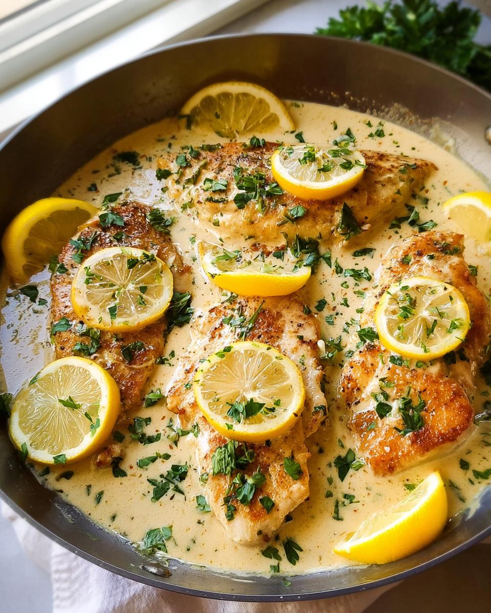 Pan-seared chicken breasts simmering in a tangy creamy lemon sauce, garnished with fresh lemon slices and parsley.