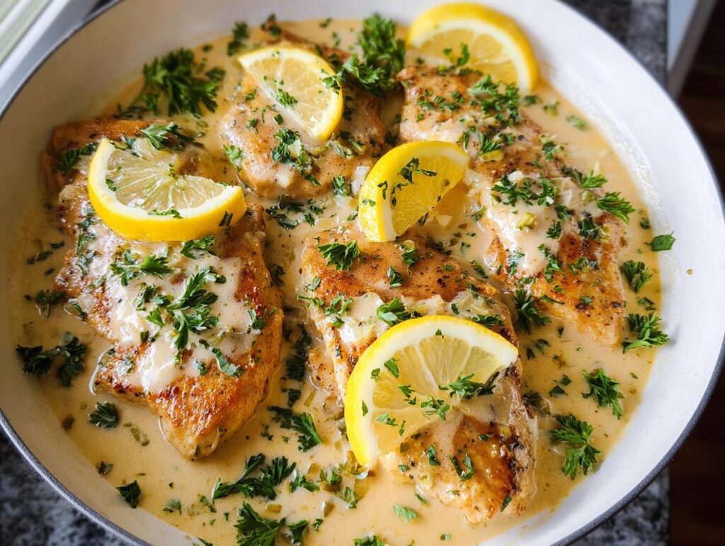 Close-up of pan-seared chicken breasts smothered in a tangy creamy lemon sauce, garnished with fresh parsley and lemon slices.