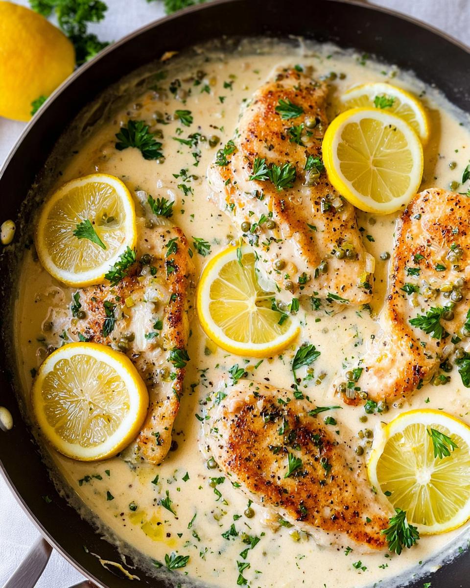 Close-up of pan-seared Tangy Creamy Lemon Chicken breasts covered in a rich, creamy sauce with lemon slices and parsley.