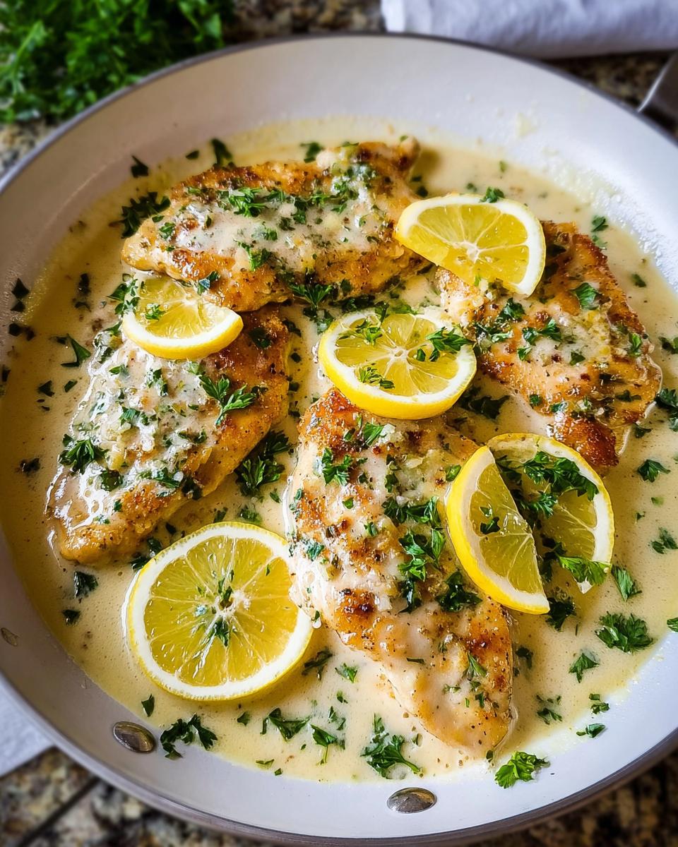 Four golden-brown chicken breasts swimming in a creamy sauce, garnished with fresh parsley and lemon slices for the Tangy Creamy Lemon Chicken Recipe.