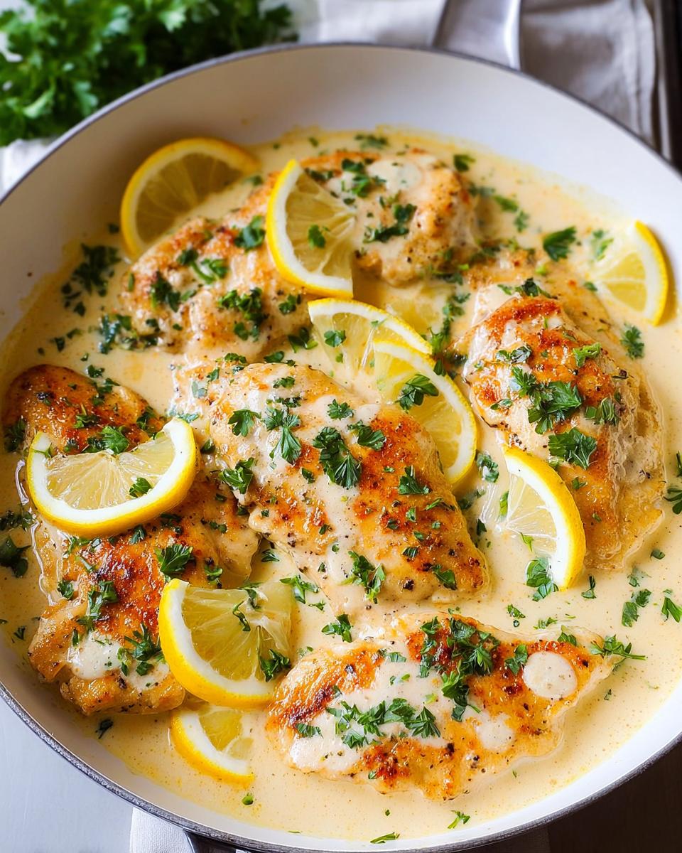 Pan-seared chicken breasts swimming in a tangy creamy lemon sauce, garnished with fresh parsley and lemon slices.