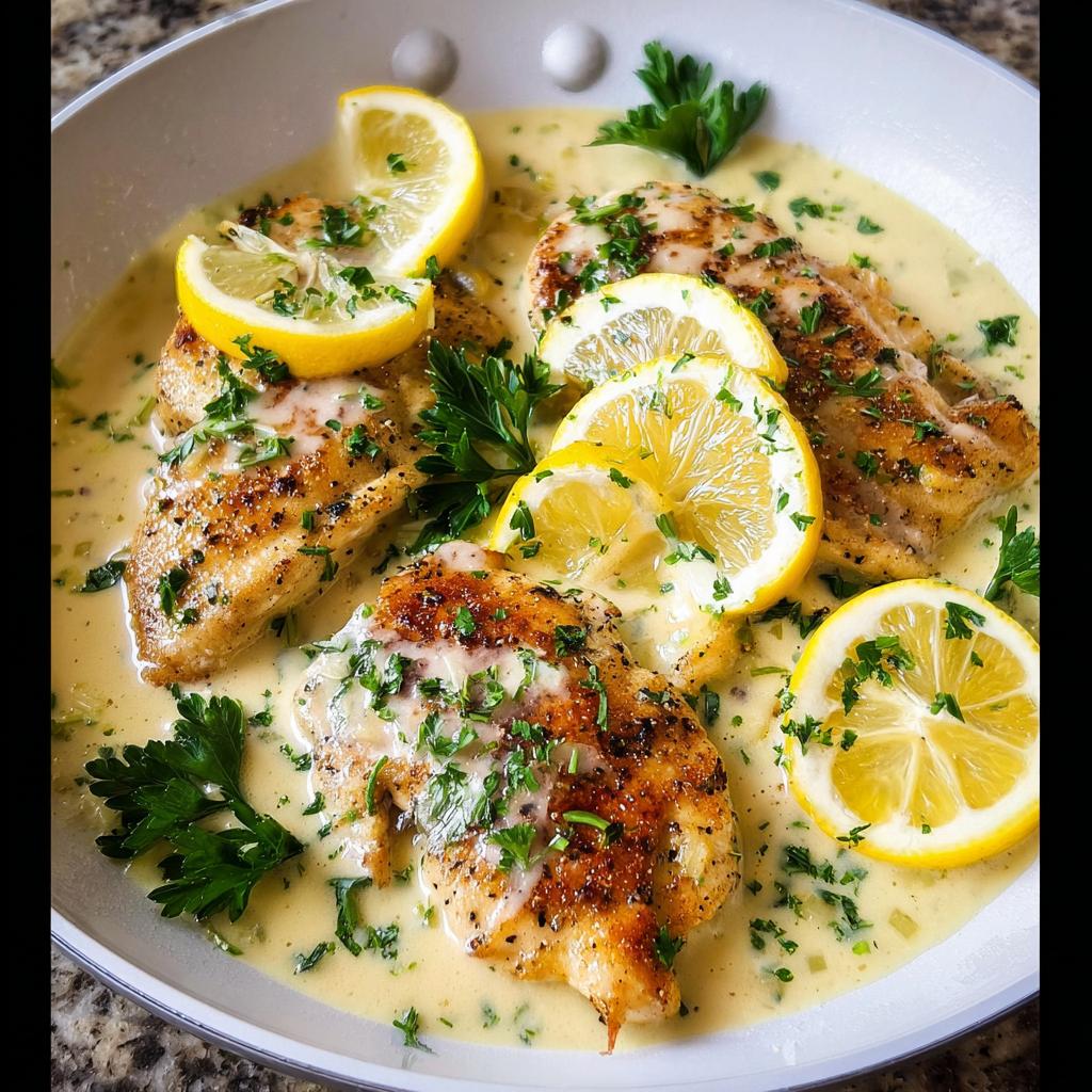 Golden brown chicken breasts smothered in a tangy creamy lemon sauce, garnished with fresh lemon slices and parsley.