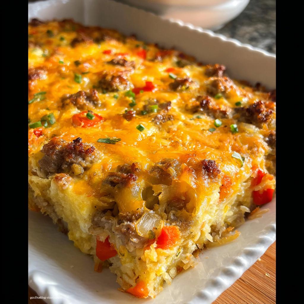 A close-up, tasty shot of a portion of Hash Brown Egg Bake topped with melted cheddar cheese, sausage, and peppers.