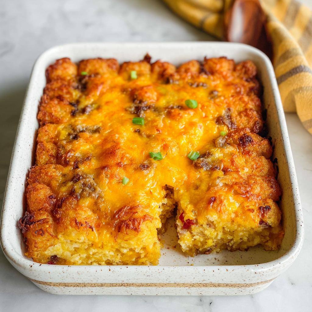 A square baking dish filled with a golden brown Tater Tot Breakfast Casserole, topped with melted cheddar cheese.