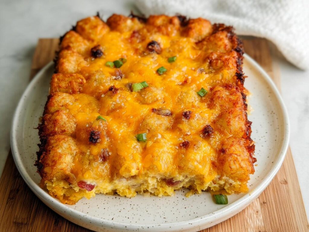 A square serving of Tater Tot Breakfast Casserole featuring a crispy tater tot crust and melted cheddar cheese topping.