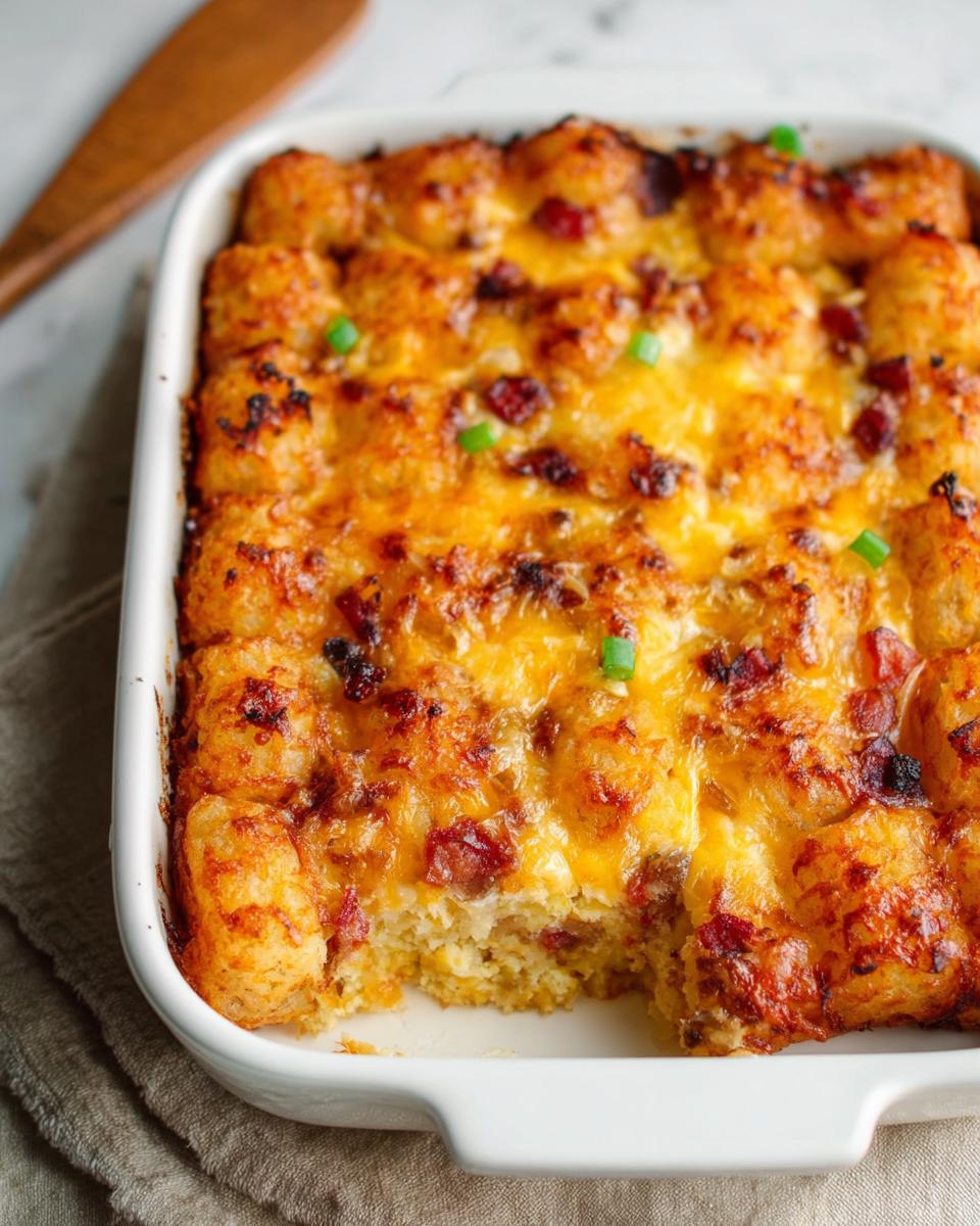 Close-up of a freshly baked Tater Tot Breakfast Casserole with a crispy, cheesy top and bacon pieces.