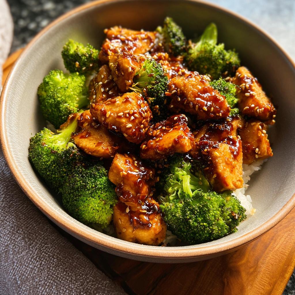 A close-up of a bowl filled with fluffy white rice, topped with glistening teriyaki chicken and vibrant broccoli florets, sprinkled with sesame seeds.