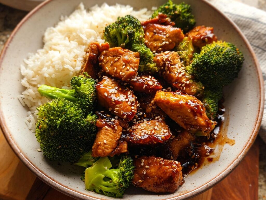 A close-up of a bowl filled with fluffy white rice, tender teriyaki chicken pieces, and vibrant green broccoli florets, all drizzled with a glossy teriyaki sauce and sprinkled with sesame seeds.