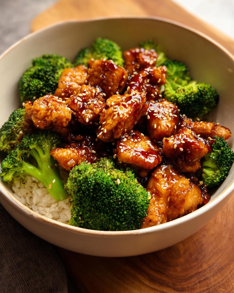 A close-up of a bowl filled with fluffy white rice, topped with crispy Teriyaki Chicken and Broccoli, sprinkled with sesame seeds.