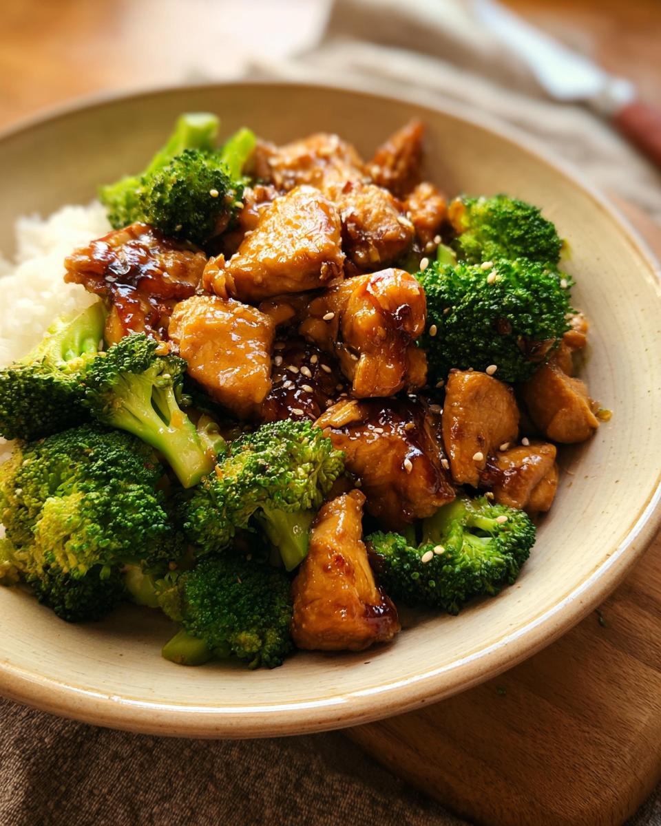 A close-up of a bowl filled with fluffy white rice topped with glistening Teriyaki Chicken and Broccoli, sprinkled with sesame seeds.