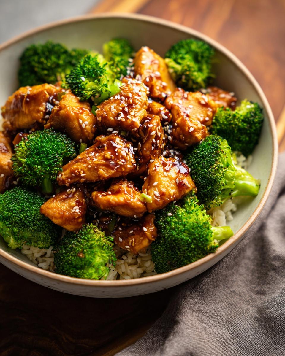 A close-up of a bowl filled with fluffy rice, tender teriyaki chicken, and vibrant broccoli florets, topped with sesame seeds.