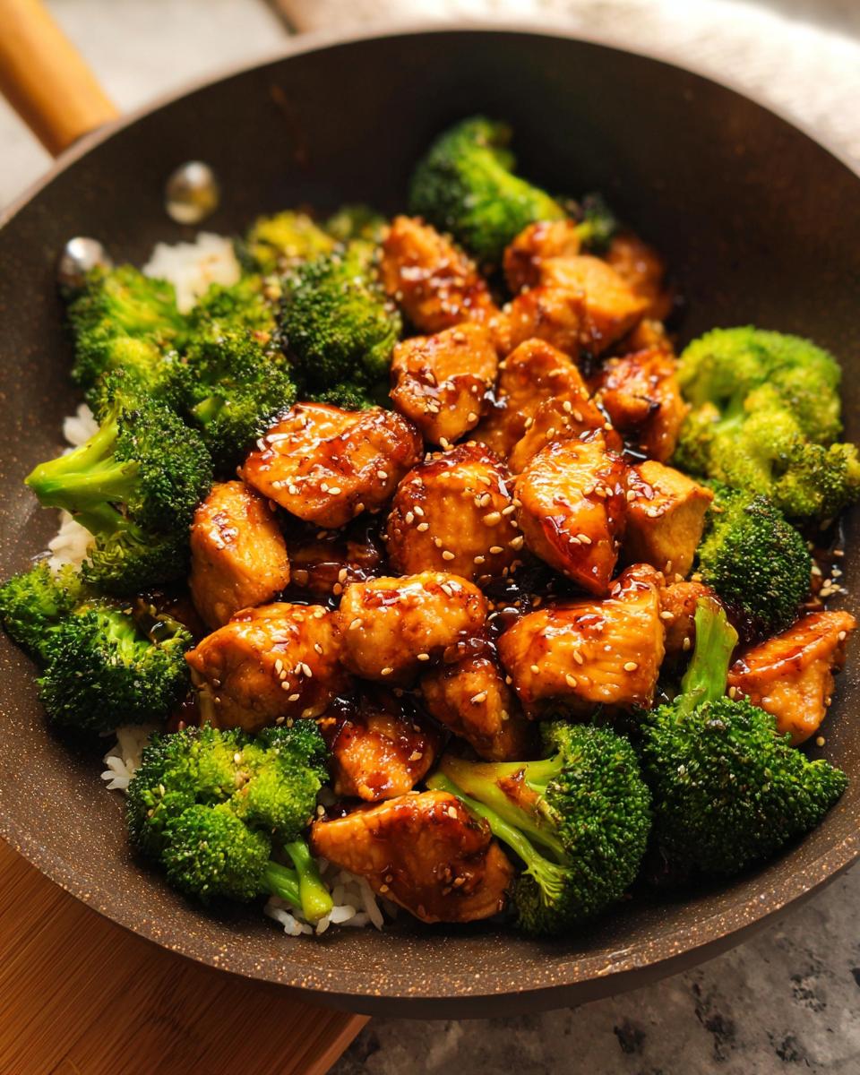 A close-up shot of delicious Teriyaki Chicken and Broccoli served over white rice in a pan, garnished with sesame seeds.