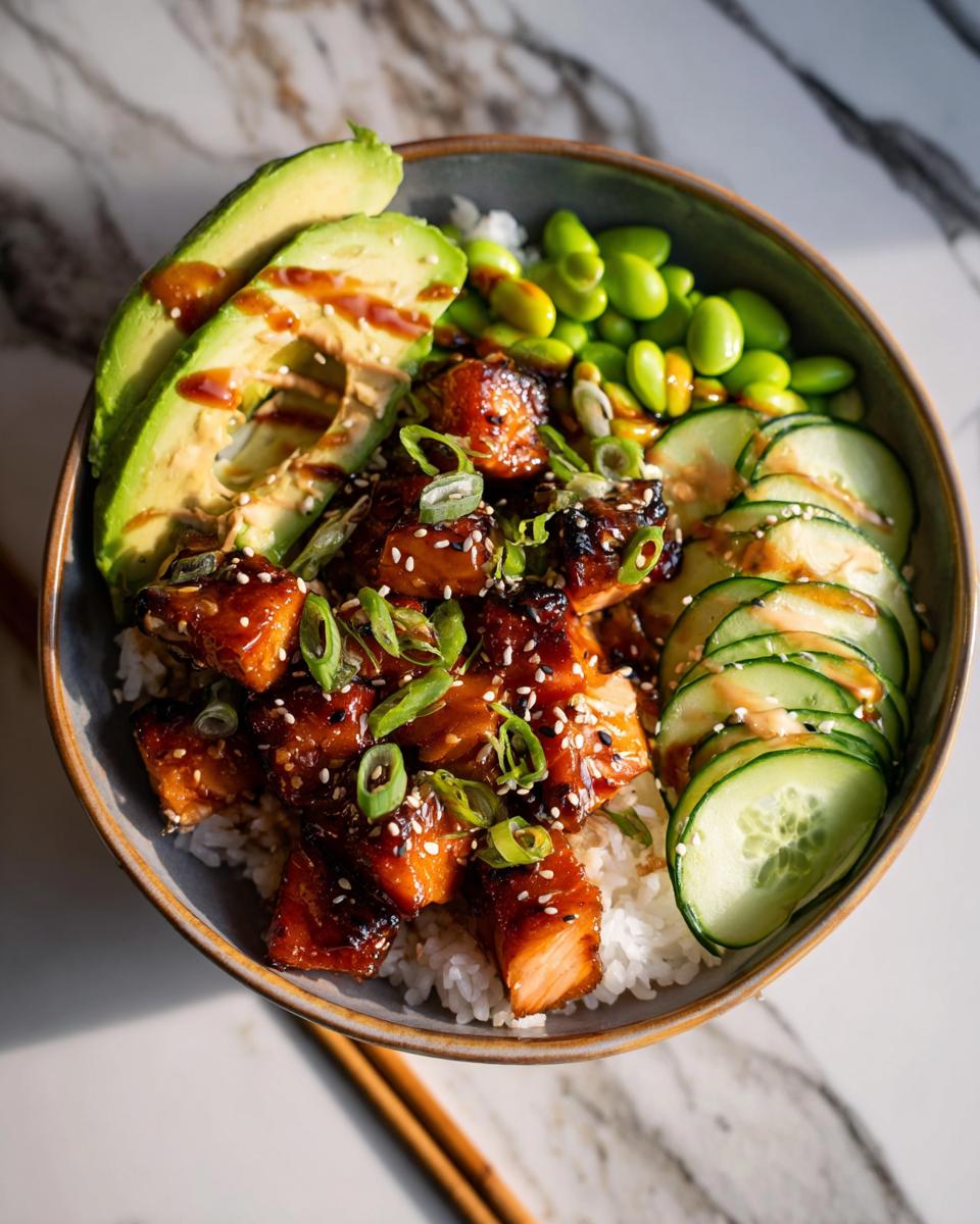 A close-up overhead view of a Teriyaki Salmon Bowls featuring glazed salmon chunks over rice, topped with avocado, edamame, and cucumbers.
