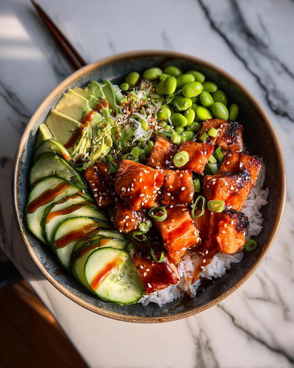 A vibrant bowl featuring glazed salmon cubes over rice, surrounded by sliced avocado, cucumbers, and edamame, part of the Teriyaki Salmon Bowls recipe.