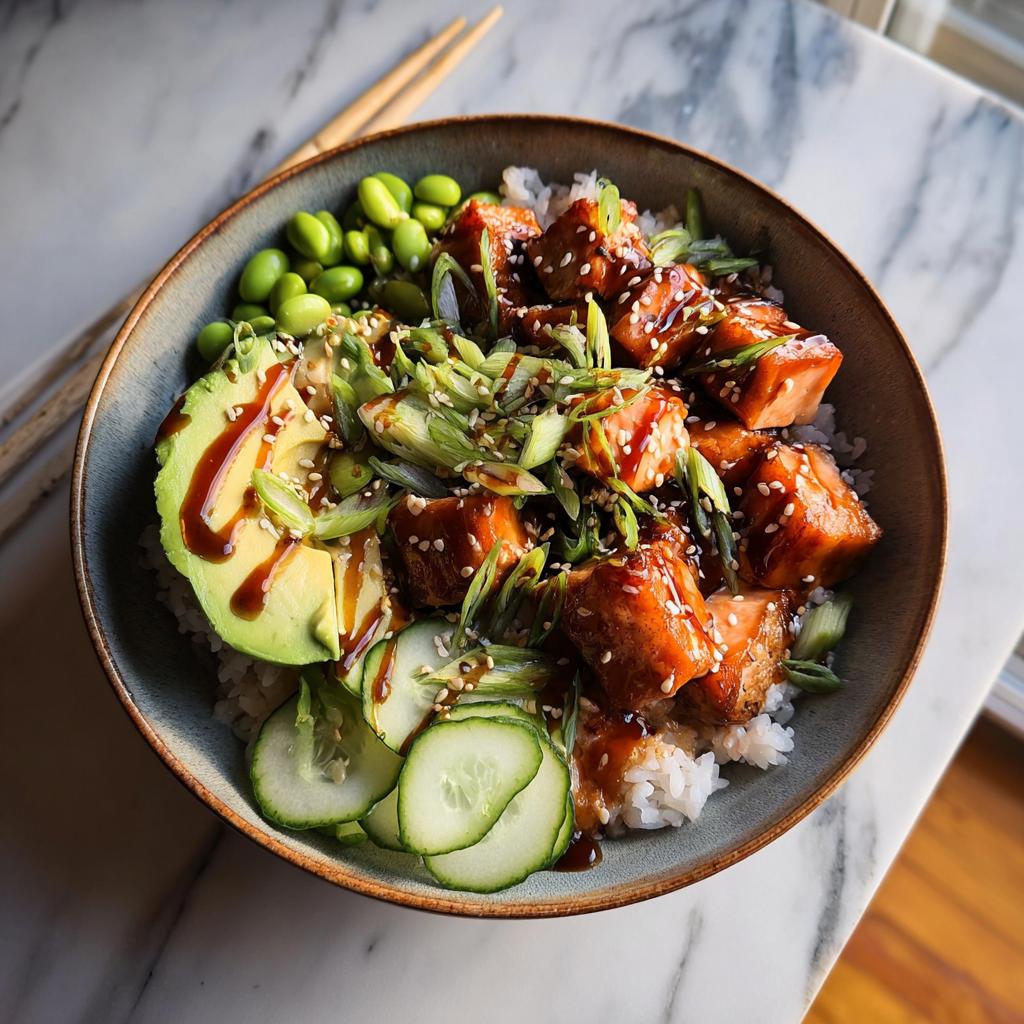 A vibrant bowl featuring glazed salmon cubes over rice, topped with avocado, edamame, and scallions in a Teriyaki Salmon Bowls recipe.