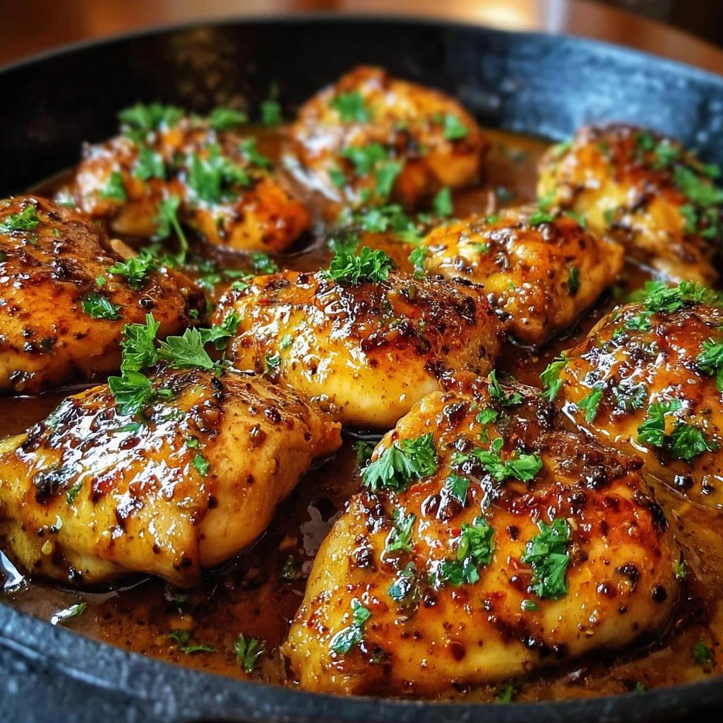 Close-up of glazed chicken pieces simmering in sauce, garnished with parsley, ready for the Texas Roadhouse Butter Chicken Skillet.