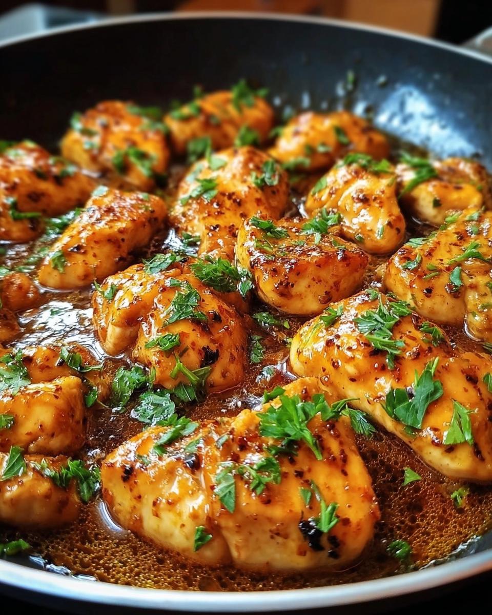 Close-up of juicy chicken pieces simmering in a rich sauce, garnished with parsley, ready for the Texas Roadhouse Butter Chicken Skillet.