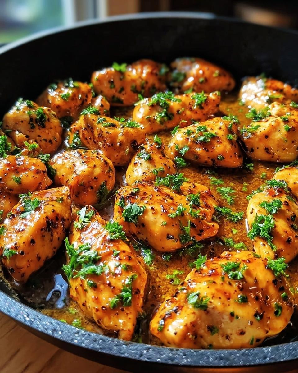 Close-up of juicy chicken pieces simmering in a rich sauce, garnished with fresh parsley, ready for the Texas Roadhouse Butter Chicken Skillet.