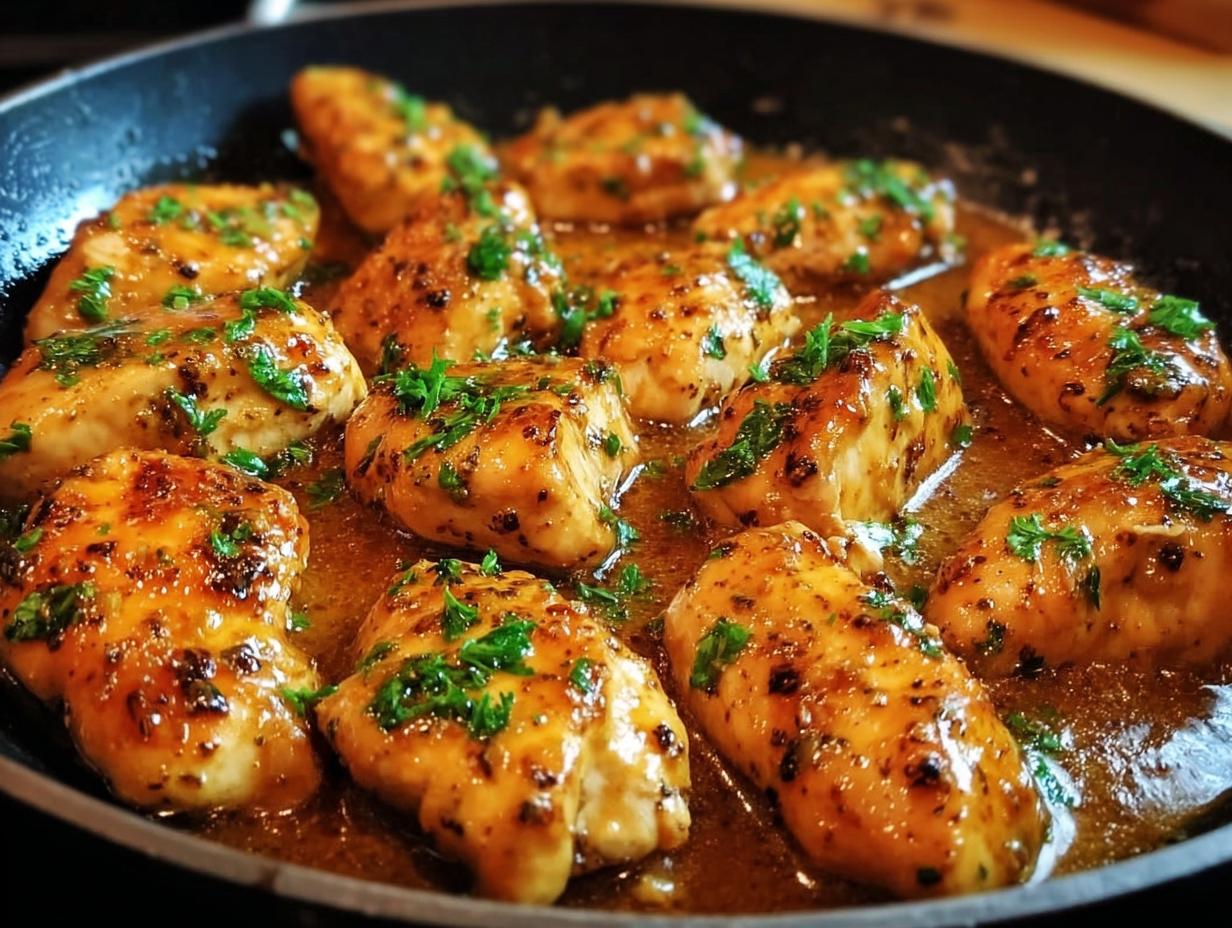 Close-up of juicy chicken pieces simmering in a rich sauce in a black skillet for the Texas Roadhouse Butter Chicken Skillet recipe.
