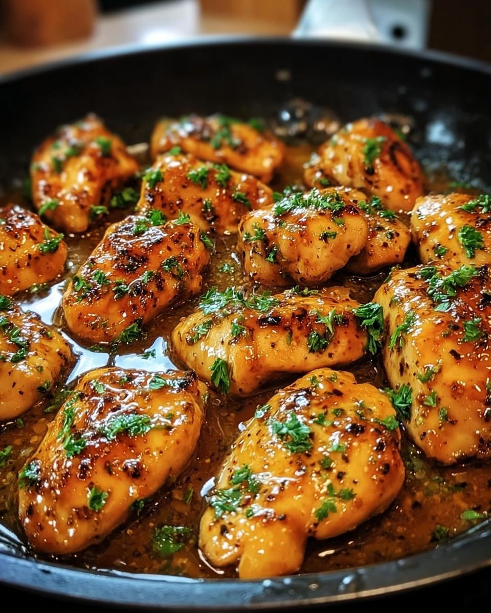 Close-up of glazed chicken pieces simmering in a skillet sauce, garnished with parsley, for the Texas Roadhouse Butter Chicken Skillet.