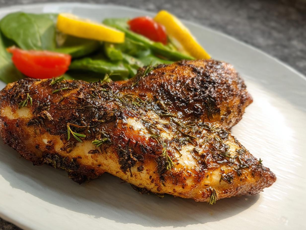 Close-up of perfectly seasoned and grilled Texas Roadhouse Chicken at Home, served with spinach and lemon.