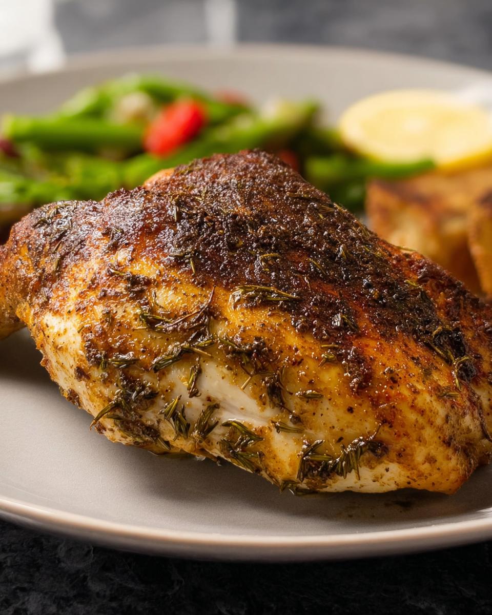 Close-up of a perfectly seasoned, roasted chicken breast seasoned with herbs, part of How to Make the Best Texas Roadhouse Chicken at Home.