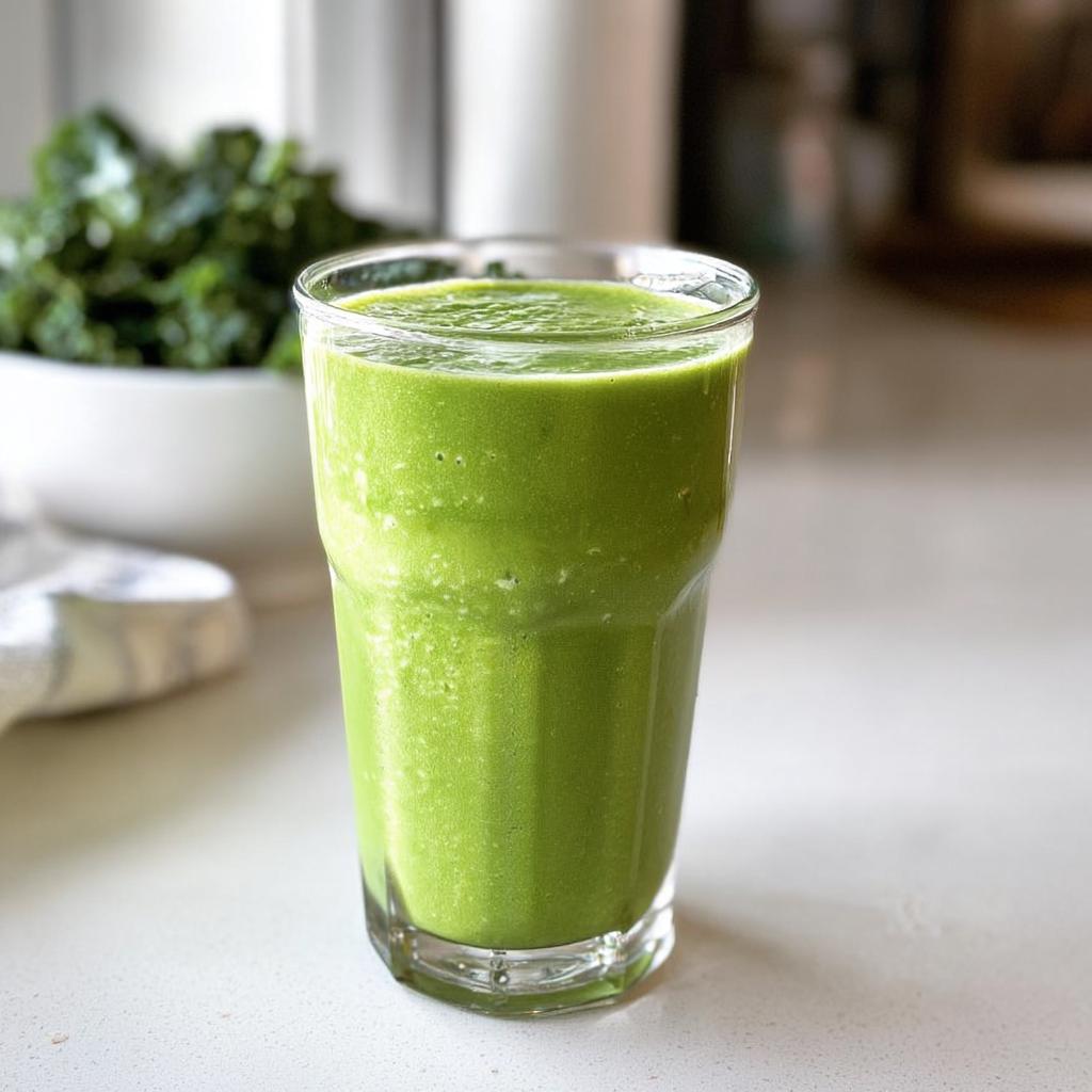 A tall glass filled with a thick, vibrant Tropical Green Smoothie (Kale & Spinach) sitting on a white countertop.