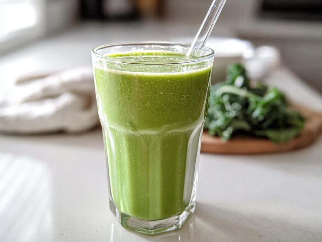 A tall glass filled with a vibrant Tropical Green Smoothie (Kale & Spinach) on a white countertop.