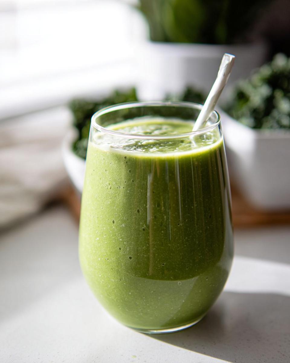 Close-up of a glass filled with a vibrant Tropical Green Smoothie (Kale & Spinach) with a straw.