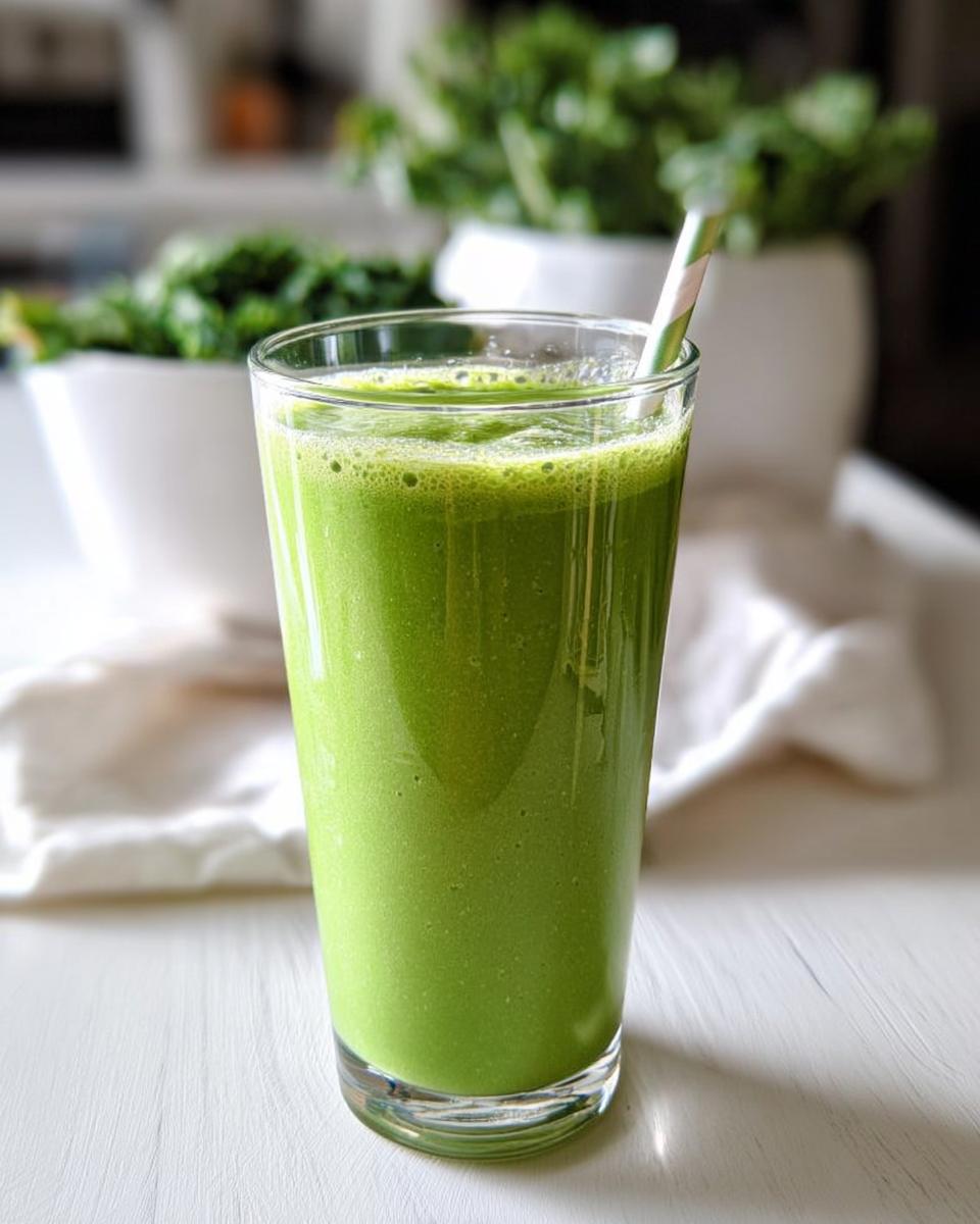 A tall glass filled with a vibrant Tropical Green Smoothie (Kale & Spinach) and a striped straw.