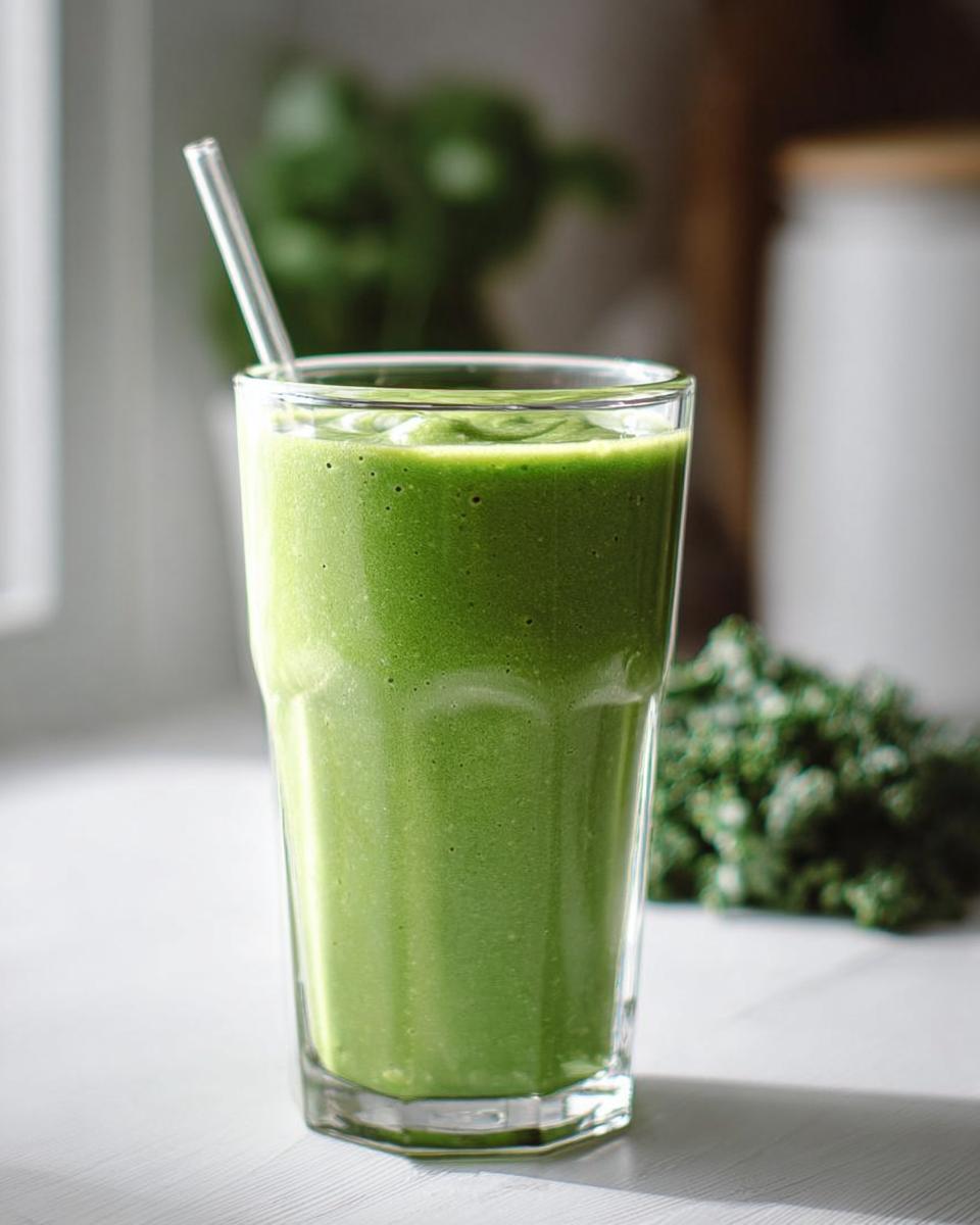 A tall glass filled with a thick, vibrant green smoothie, featuring a reusable straw, ready to drink.