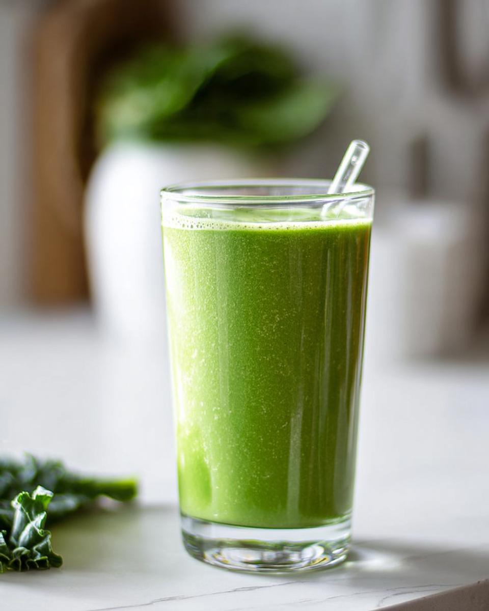A tall glass filled with a vibrant Tropical Green Smoothie made with kale and spinach, served with a straw.